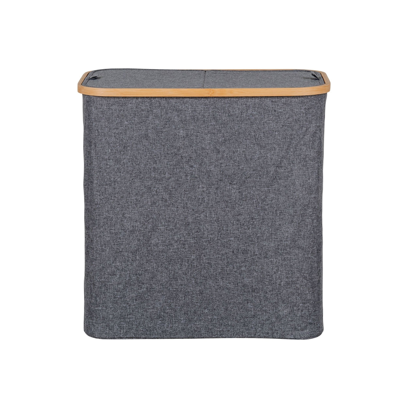 Grå skittentøyskurv med bambusdetaljer sett fra siden.