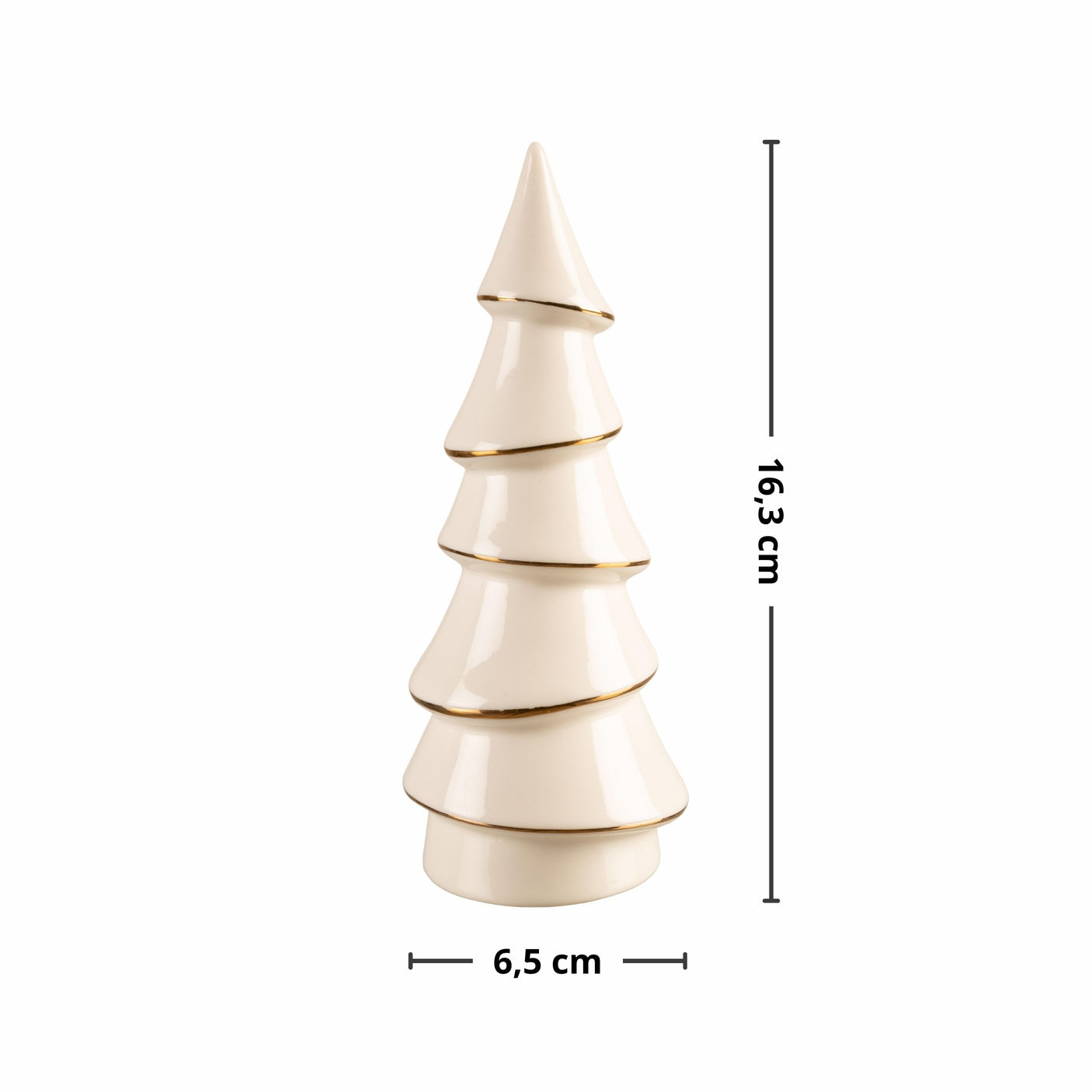 Kremfarget keramikkjuletre med gullkant, 16,3 cm høyt og 6,5 cm bredt, mot hvit bakgrunn.