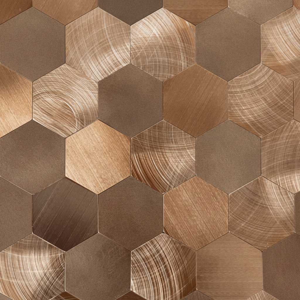 Sofie hexagon selvklebende veggfliser imiterer fliser i hexagon-mønster i toner av børstet kobber. Denne er populær til kjøkken og bad.