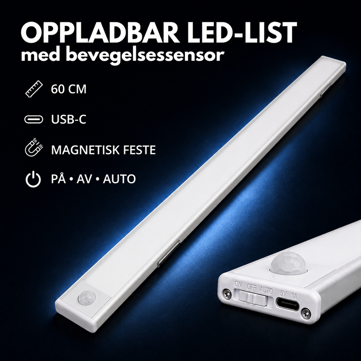 Oppladbar LED-list med bevegelsessensor 60 cm
