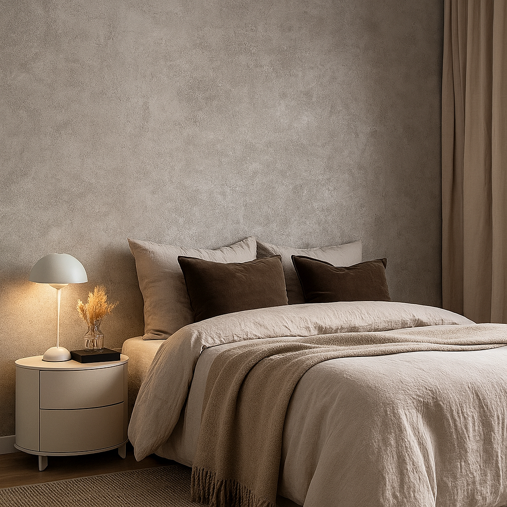 Lunt soverom med mikrosementvegg, beige sengetøy og dempet belysning for harmonisk atmosfære.