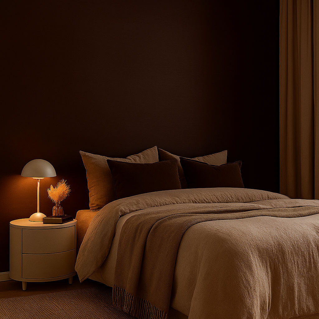 Soverom med lun stemning og mørk brun vegg i supermatt finish, mykt sengetøy og varm belysning gir et elegant og behagelig uttrykk.