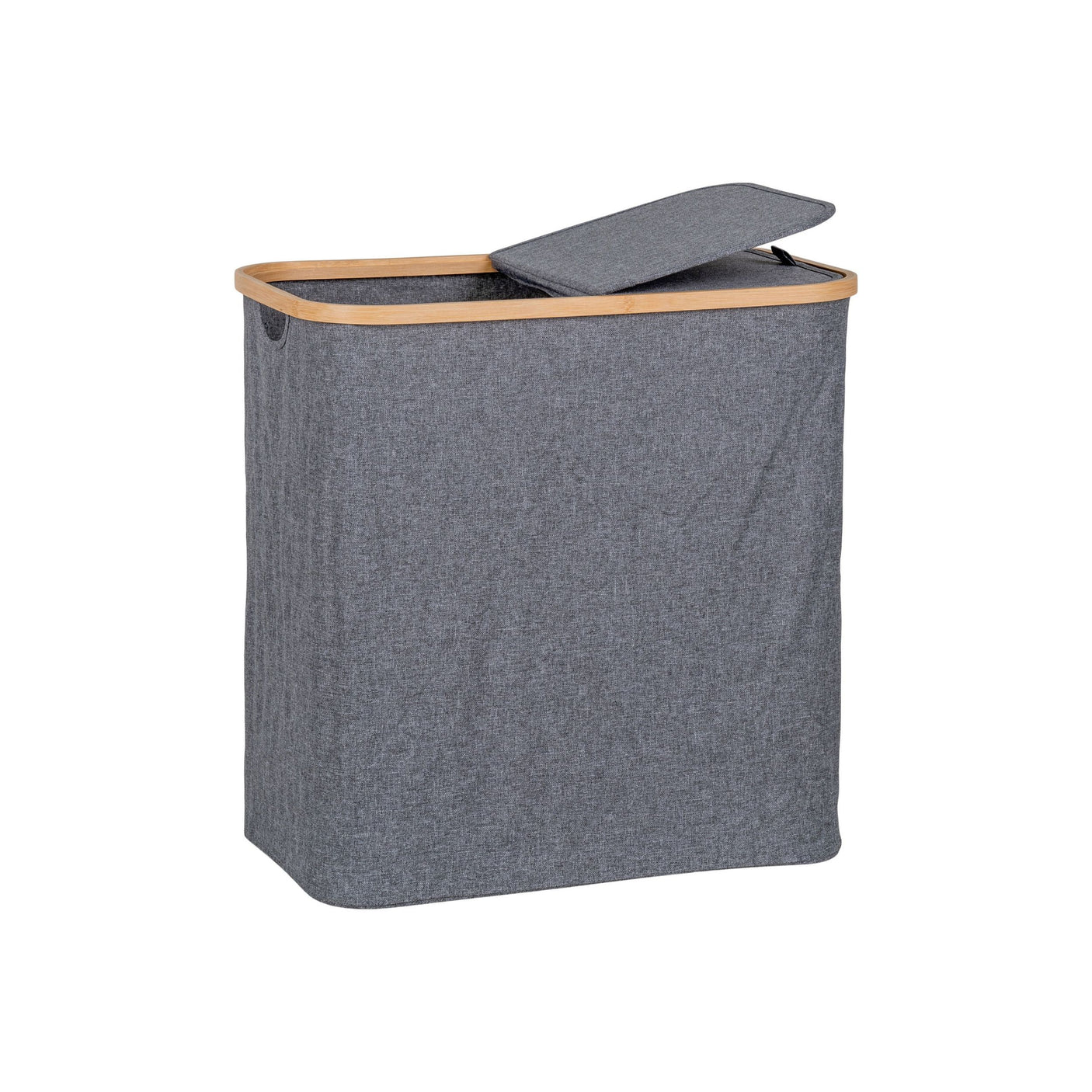 Rett forfra bilde av grå skittentøyskurv med lokk og bambusdetaljer.