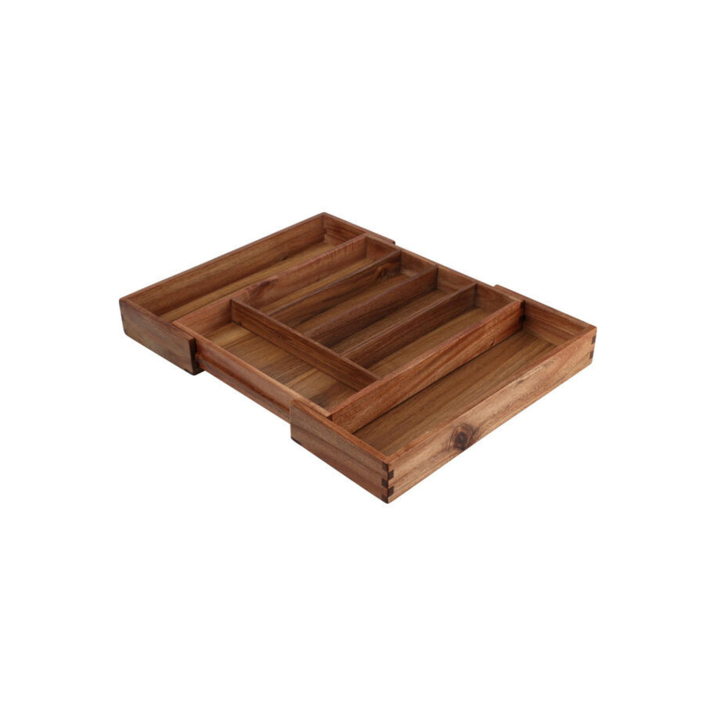 Uttrekkbar bestikkskuff i tre med flere rom for kniver, gafler, skjeer og kjøkkenutstyr