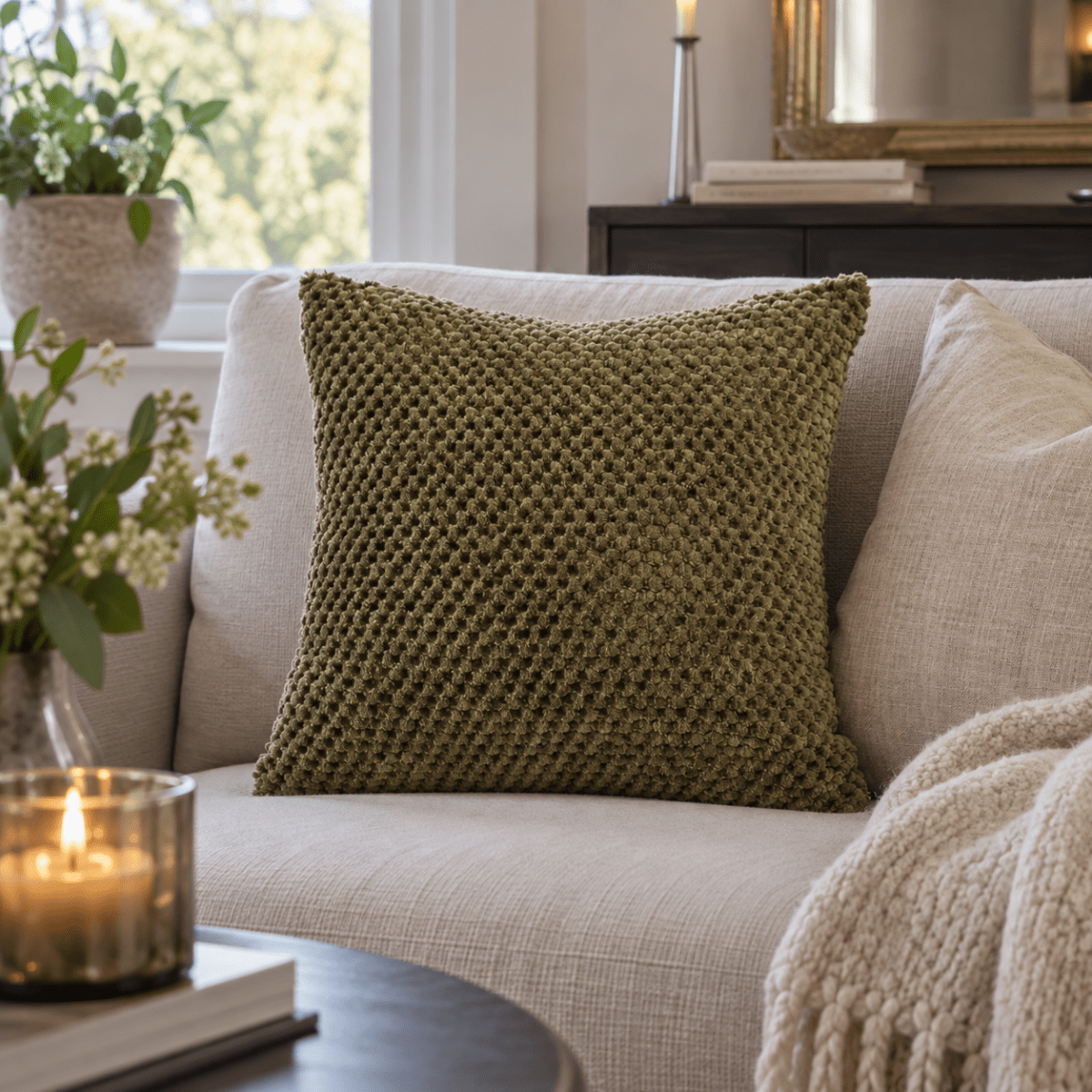 Olivegrønn pyntepute 40 x 40 cm med myk, strukturert overflate i lys sofa i en lun, nordisk stue.