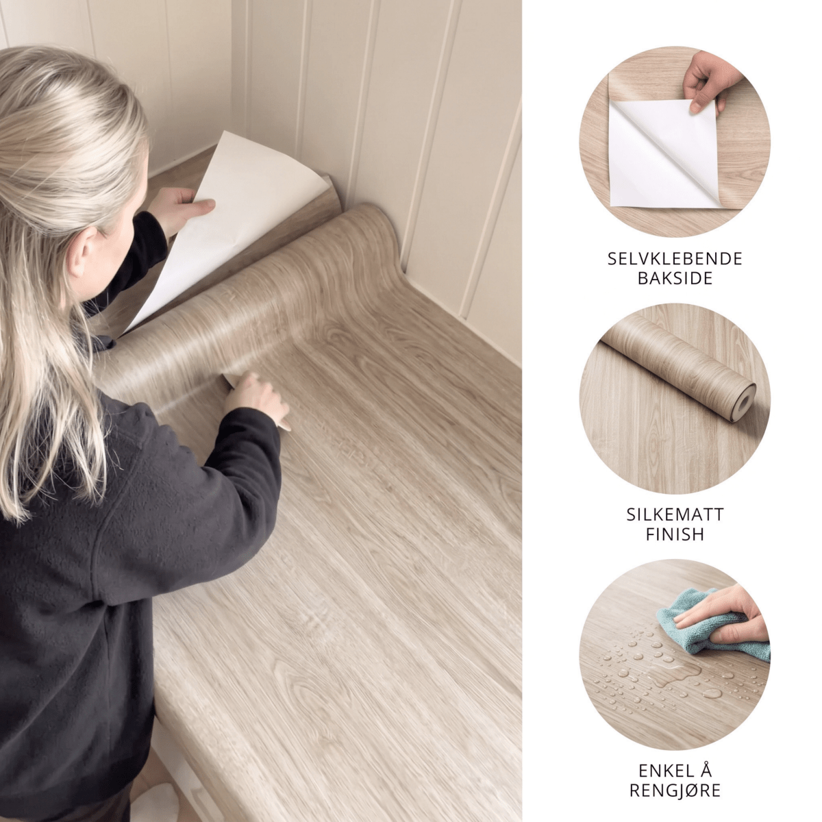 Montering av Blond Oak kontaktplast på benkeplate, selvklebende bakside, silkematt finish og enkel å rengjøre