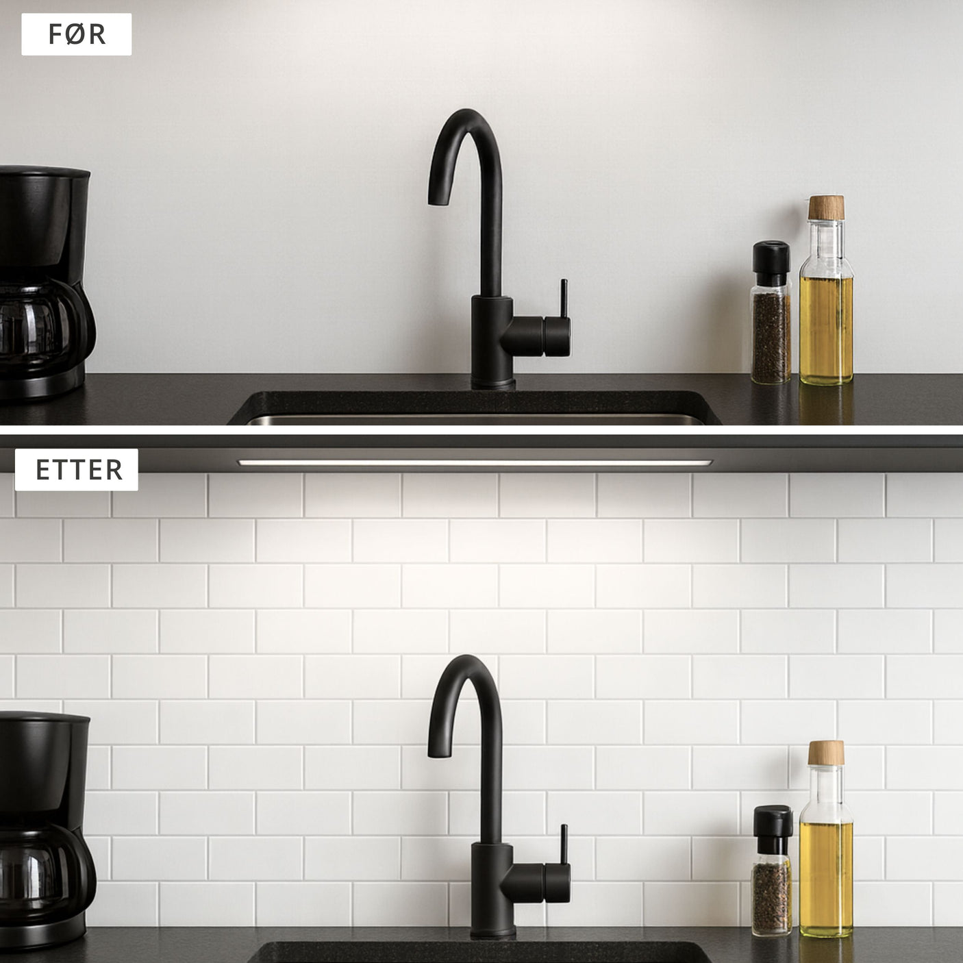Før og etter bilde av kjøkkenvegg fornyet med hvite Metro hvit veggfliser bak sort armatur.