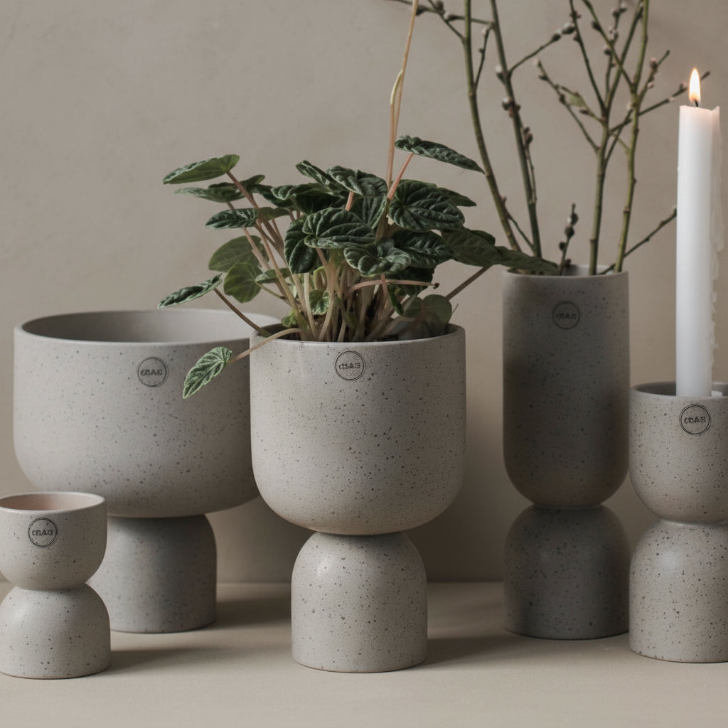 Samling av DBKD Post potter i beige keramikk med grønne planter i nordisk stil