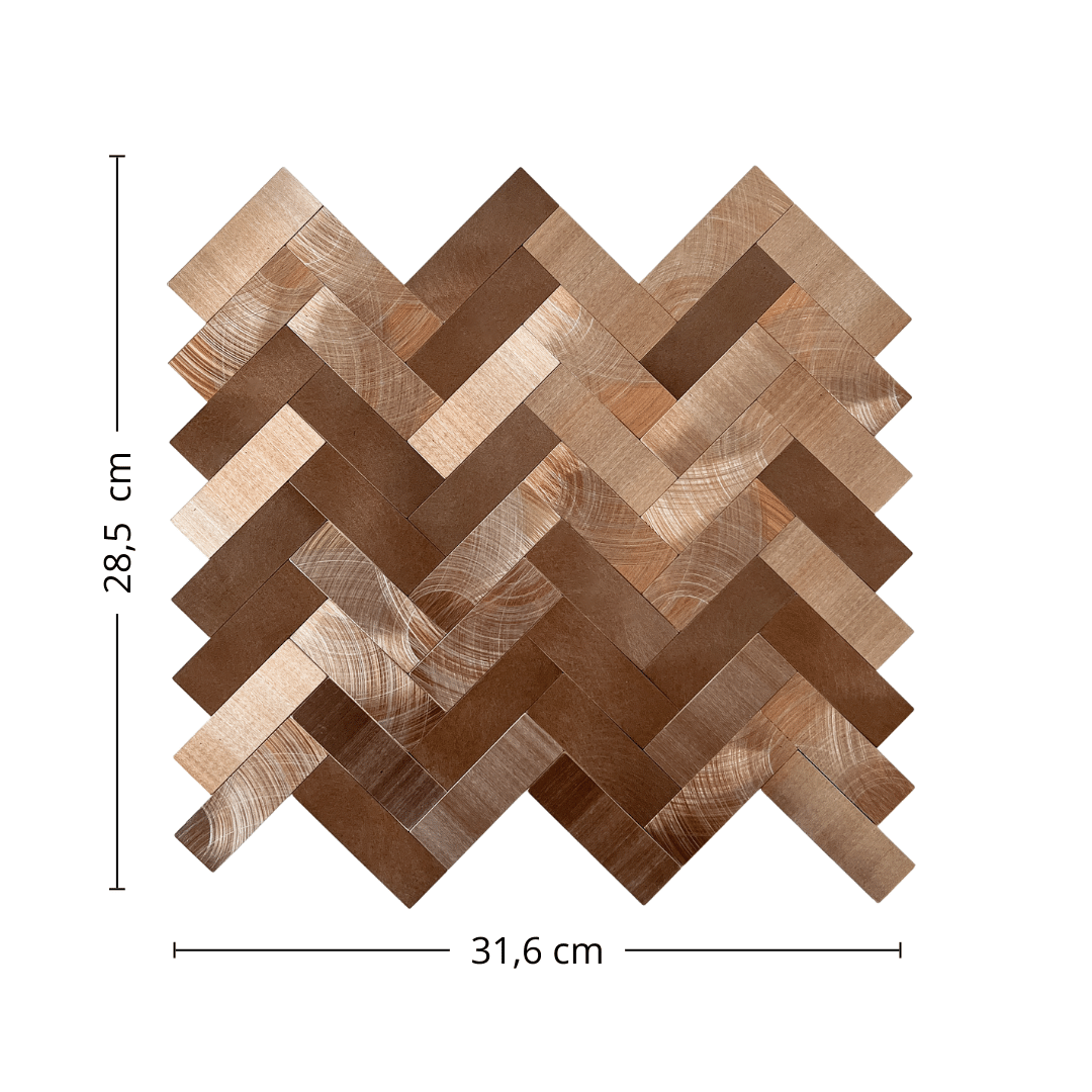 Bronsefarget fiskebein mosaikk vist forfra