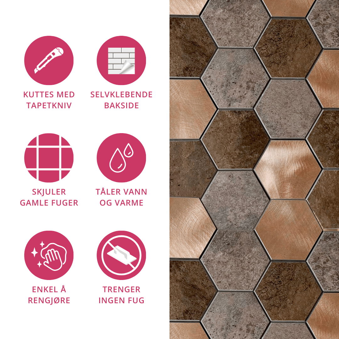 "Bente hexagon selvklebende veggfliser – produktark med størrelser og spesifikasjoner"