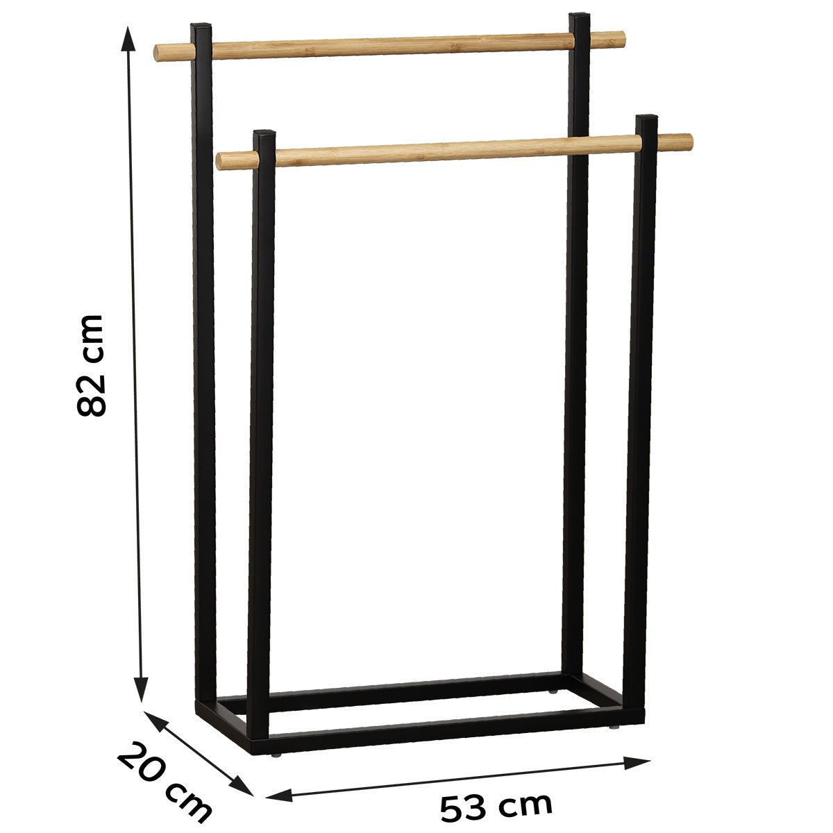 Målritning av handdukshållare i svart med två bambustänger: höjd 82 cm, bredd 53 cm, djup 20 cm