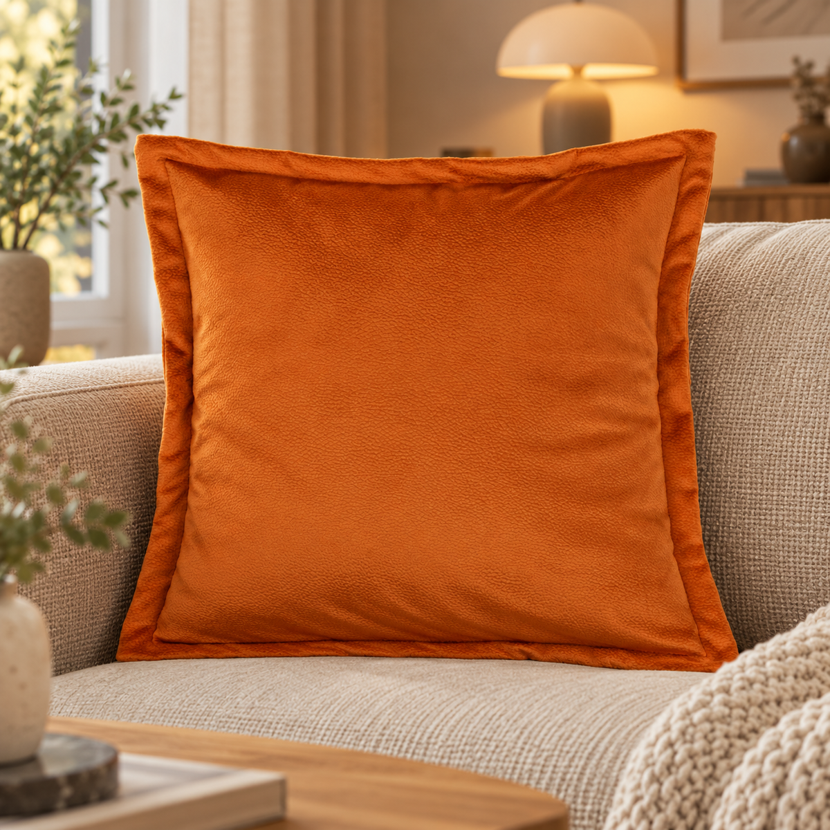 Rustfarget putetrekk i skinnlook 50 x 50 cm i lys sofa med lun, moderne innredning