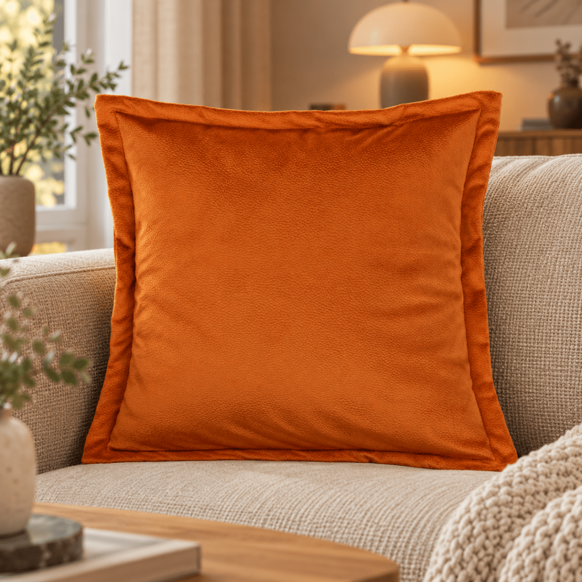 Rustfarget putetrekk i skinnlook 50 x 50 cm i lys sofa med lun, moderne innredning