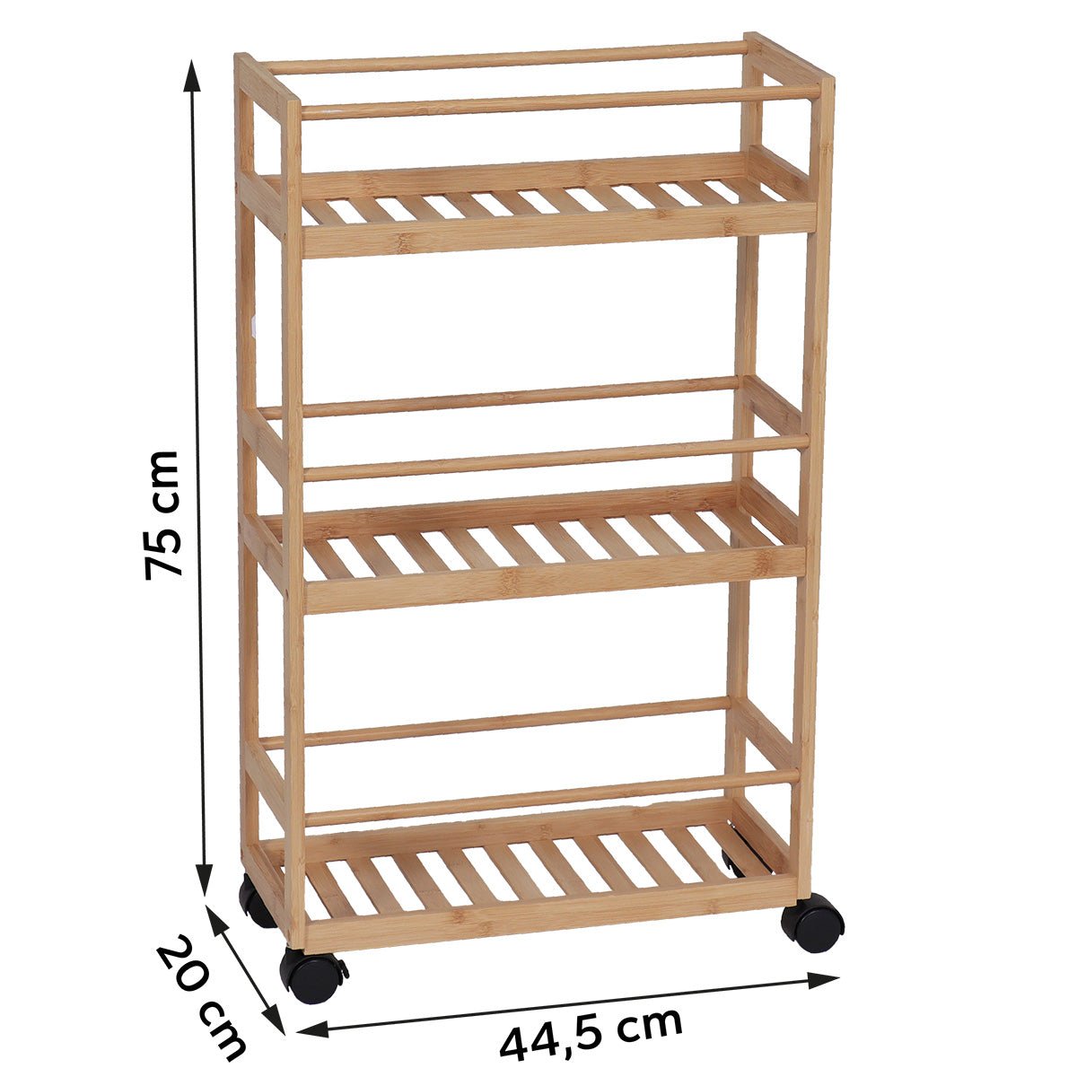 Måltegning av oppbevaringstralle på hjul i bambus med tre hyller: høyde 75 cm, bredde 44,5 cm, dybde 20 cm