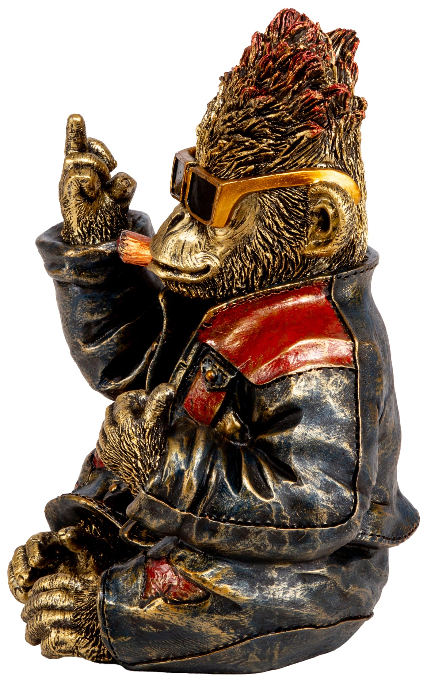 Rocka apefigur i skinnjakke brukt som interiørdekor