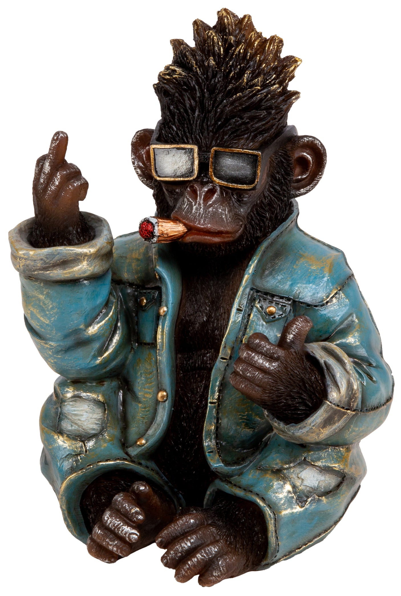 Apekatt-figur i blå jakke med solbriller og sigar