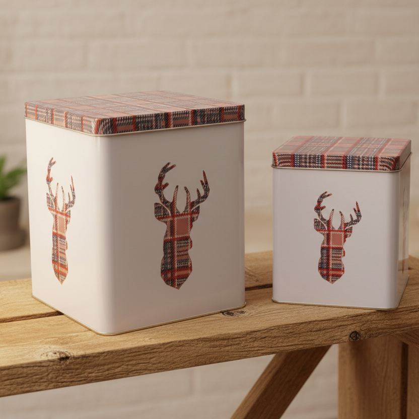 2 stk Kakebokser med rutet hjortemotiv