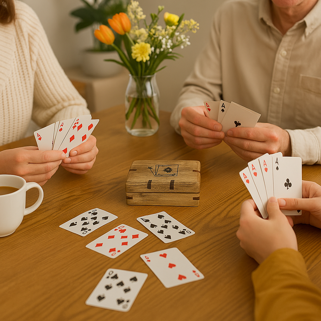 Tre personer spiller kort rundt et trebord med en dekorativ korteske, kaffekopper og blomster på bordet