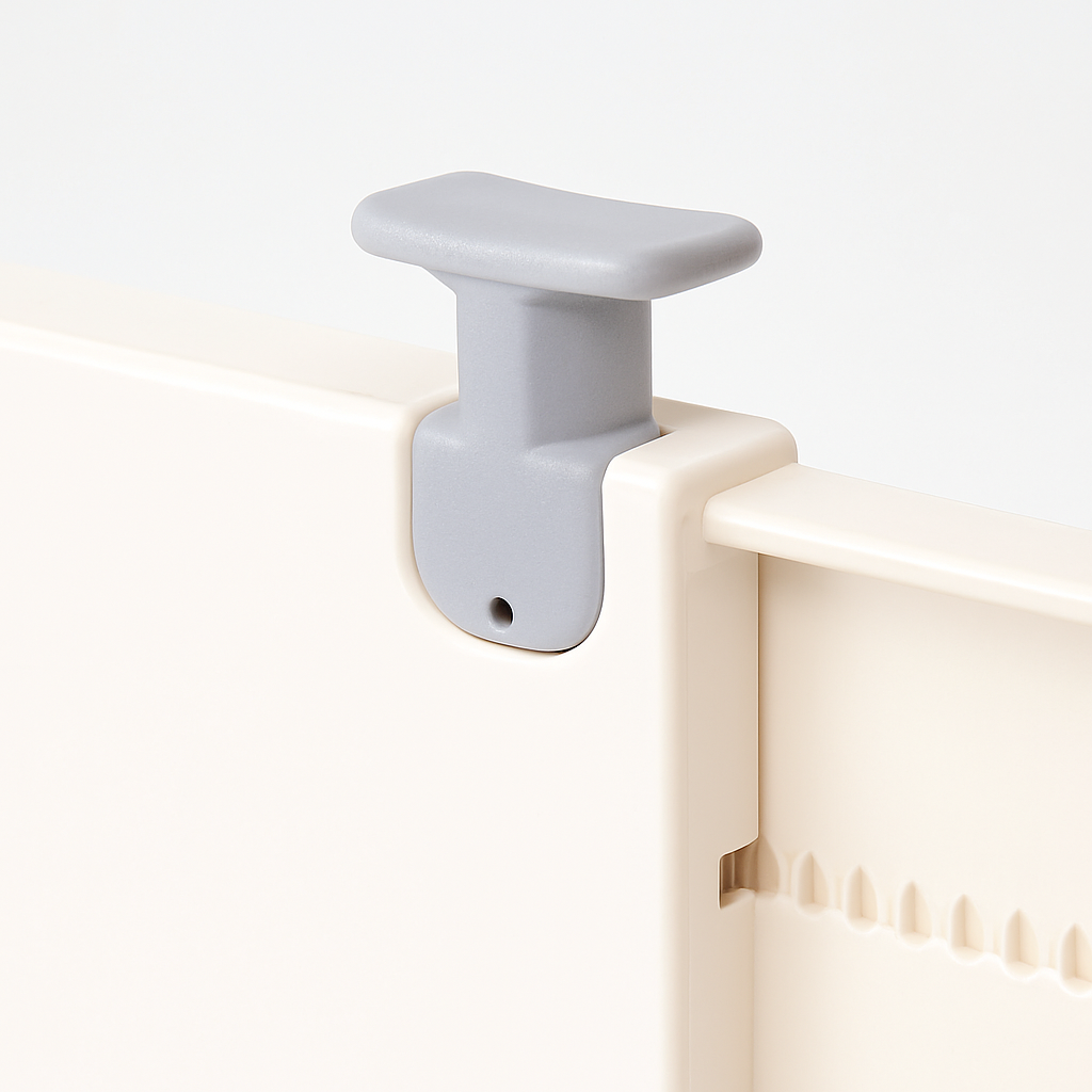 Infografikk som viser låsemekanismen på skuffedeler – klikk for å låse, enkel å åpne og stabil i skuff.