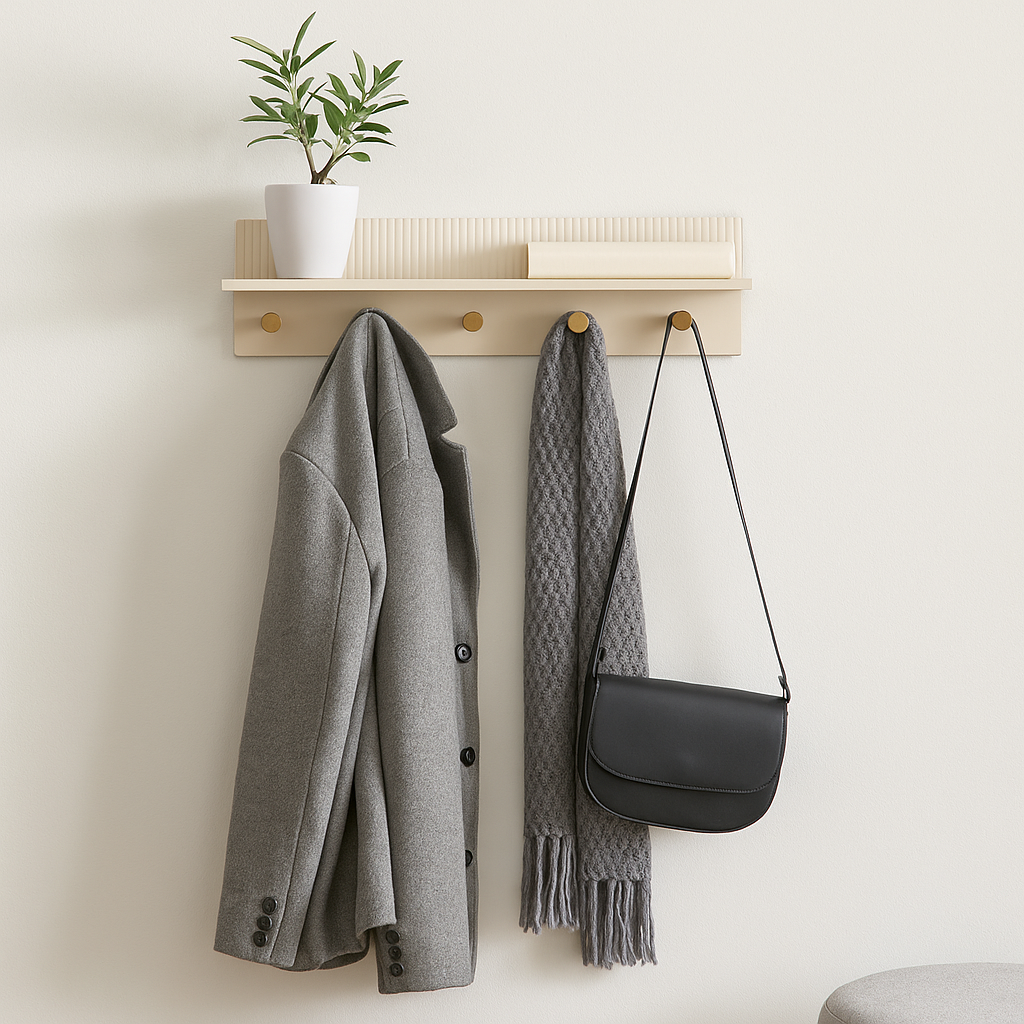 Beige vegghylle i tre med fem kroker, montert på rustikk trevegg – stilren og funksjonell oppbevaring.