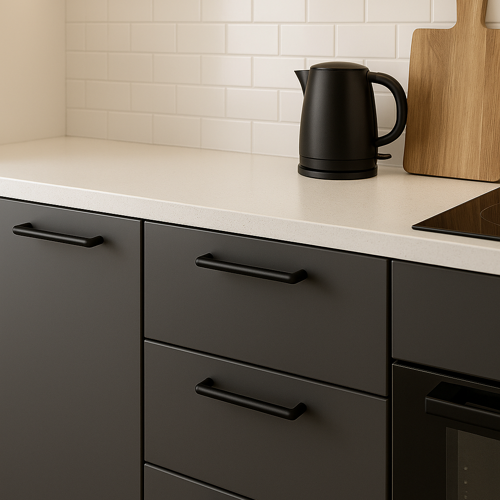 Moderne kjøkken med mørke skapfronter og hvite fliser. Skuffer og skap er oppgradert med Madrid håndtak i sort matt, gir et stilrent uttrykk.