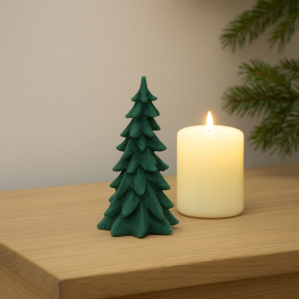 Liten dekorativ juletrefigur i grønn med glitter, plassert på bord ved siden av tent stearinlys – koselig juledekorasjon.