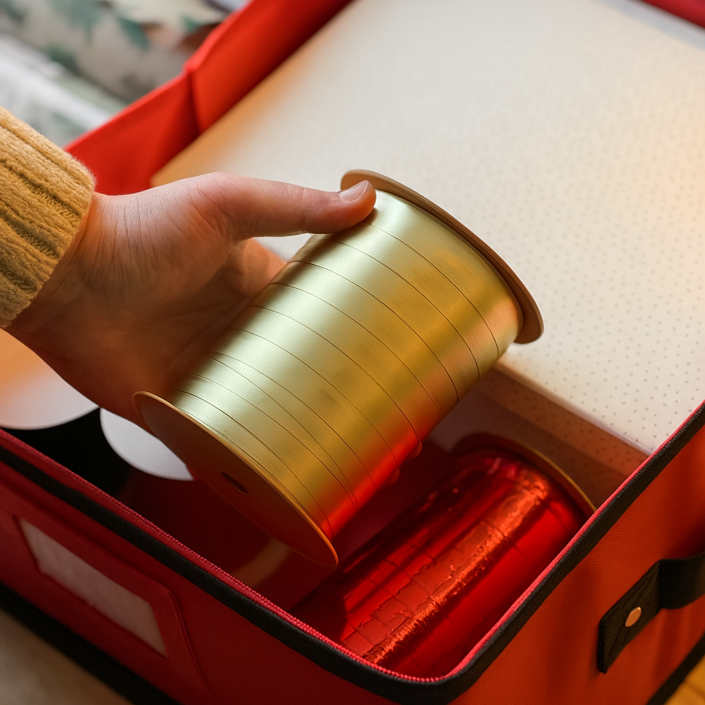 Organisert gaveinnpakningsboks med gavepapirruller, bånd og bokser – fotografert i mykt naturlig lys.