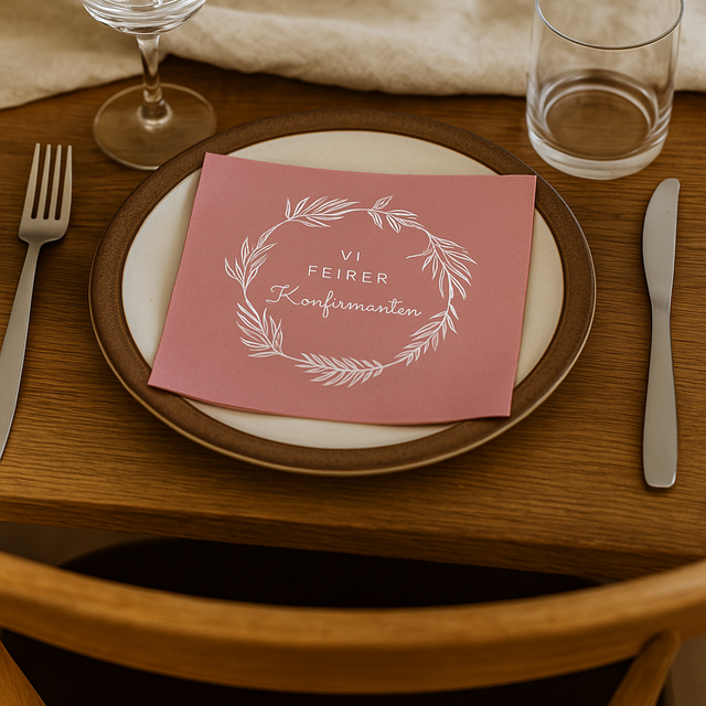 Rosa serviett med teksten «Vi feirer konfirmanten» ligger på tallerken i et nordisk bordoppsett.
