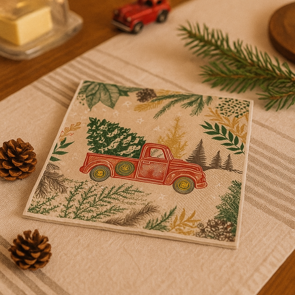 Juleserviett med motiv av rød lastebil som frakter juletre, plassert på et bord omgitt av granbar, gaver og tente lys foran et juletre.