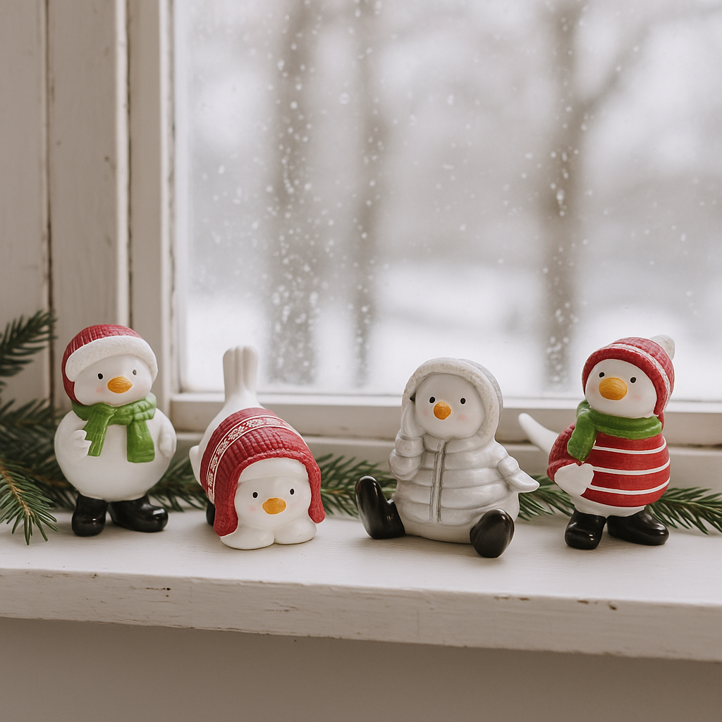 Hvit julefugl i rød nisselue og stripet genser, stående med grønt skjerf.