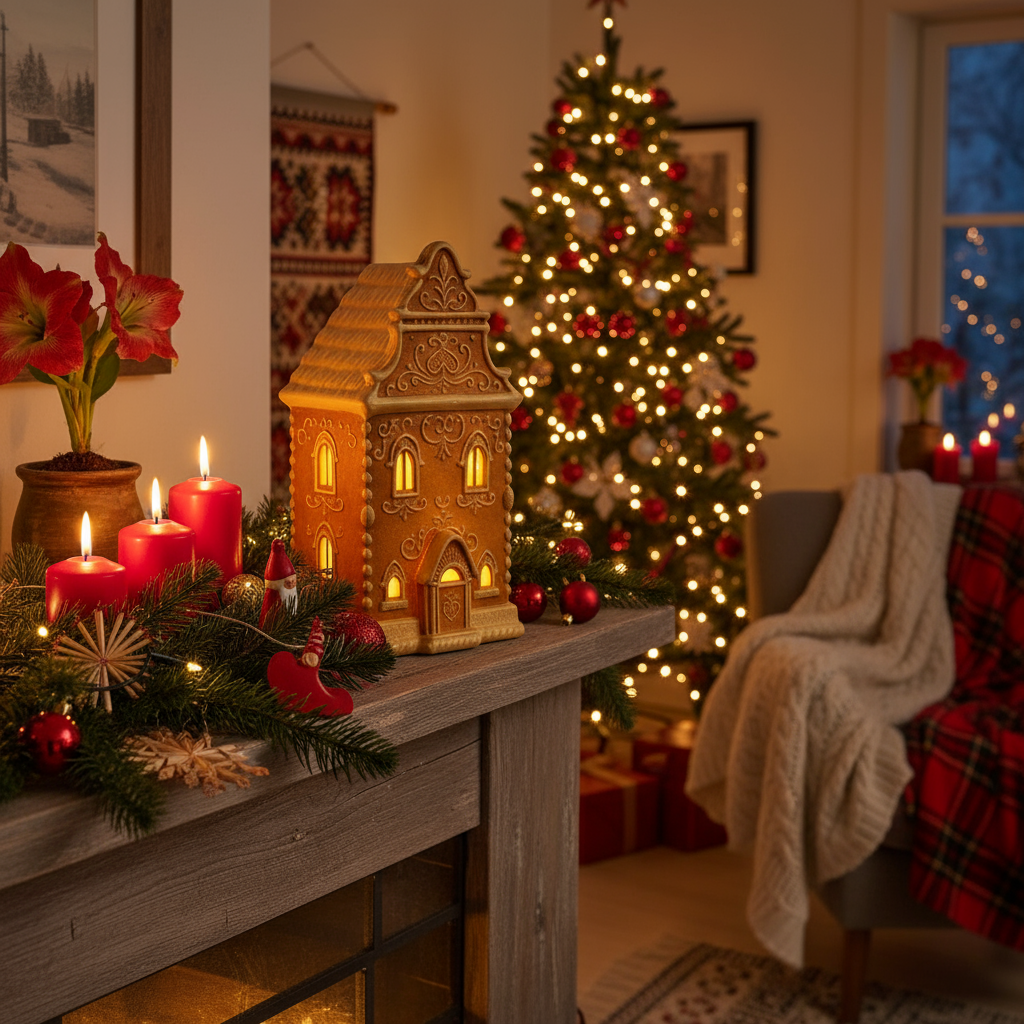Pepperkakehus som lyser varmt fra vinduene med LED-lys i mørkere omgivelser.