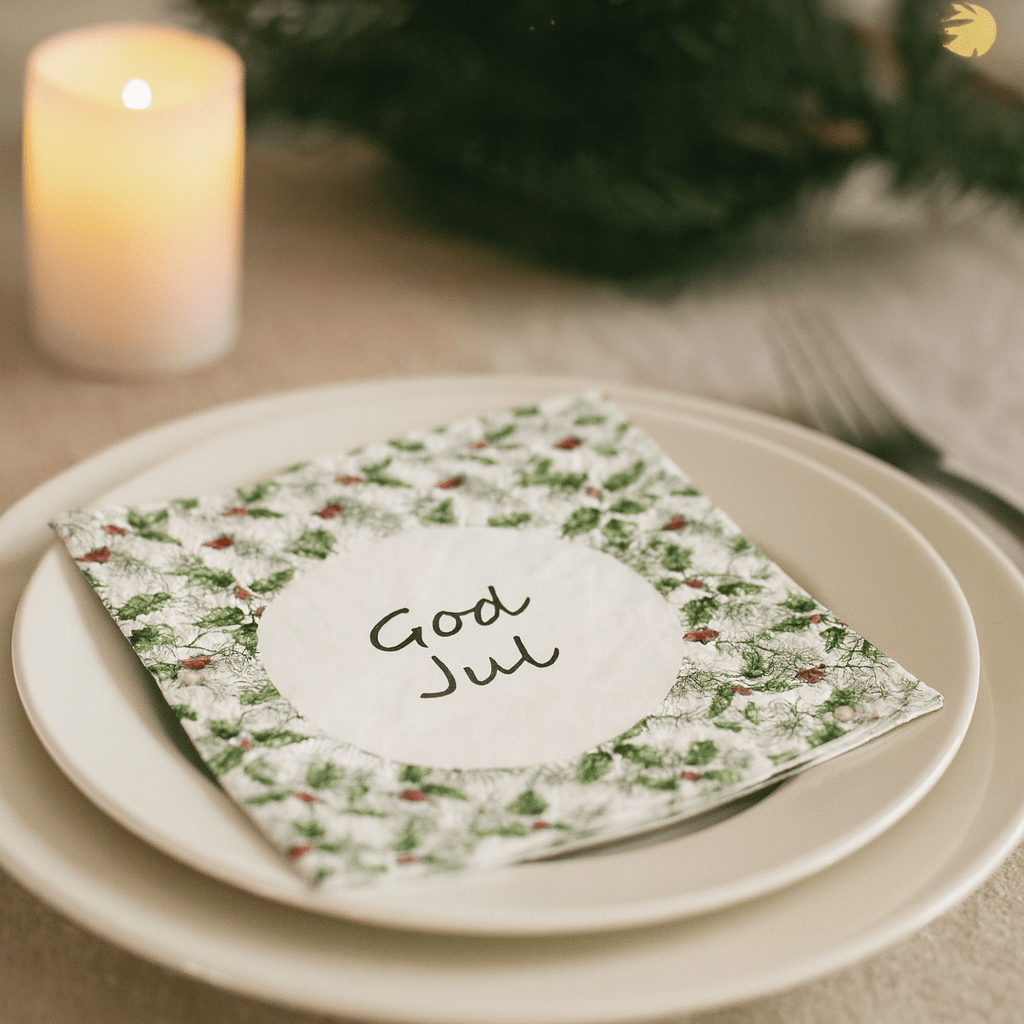 Serviett med teksten «God Jul» ligger på tallerken omgitt av julegrønt og tente lys.