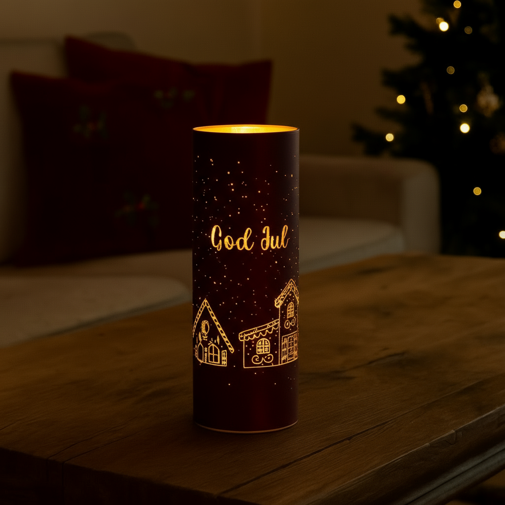 Lyslykt med LED-lys og gullfarget pepperkakehus-design