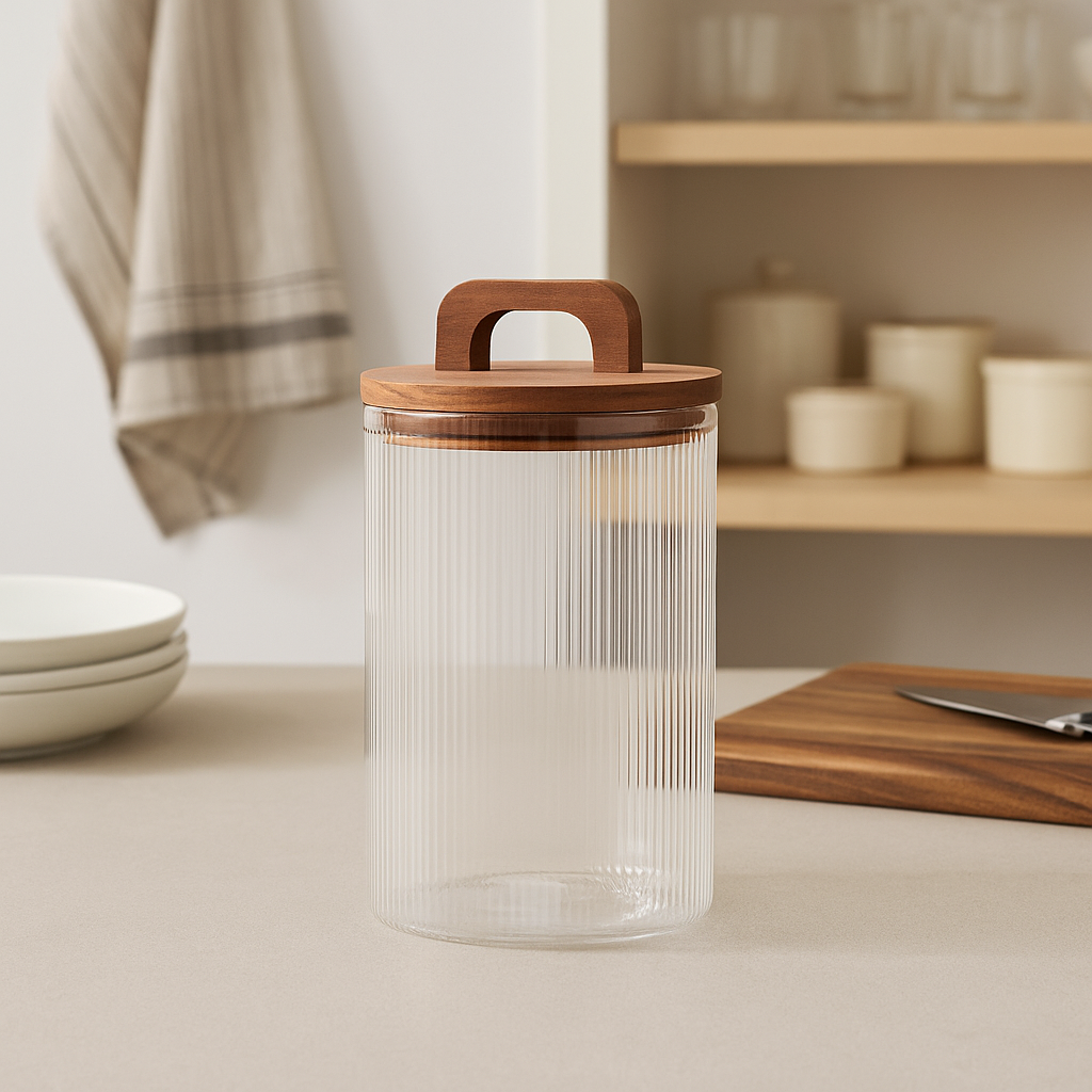 Oppbevaringskrukke i rillet glass med naturlig trelokk