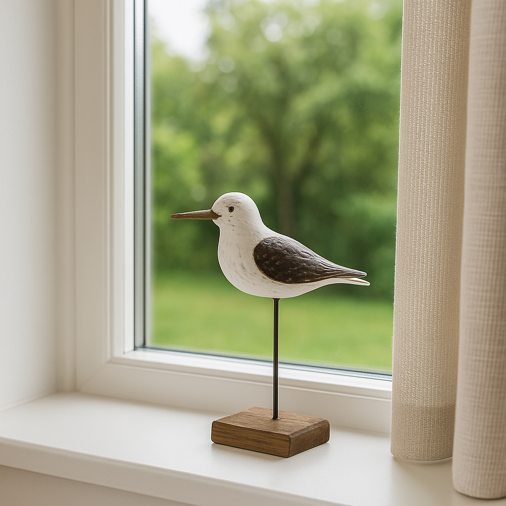 Dekorativ måkefigur i tre og metall plassert i en lys vinduskarm, gir kystinspirert preg til interiøret
