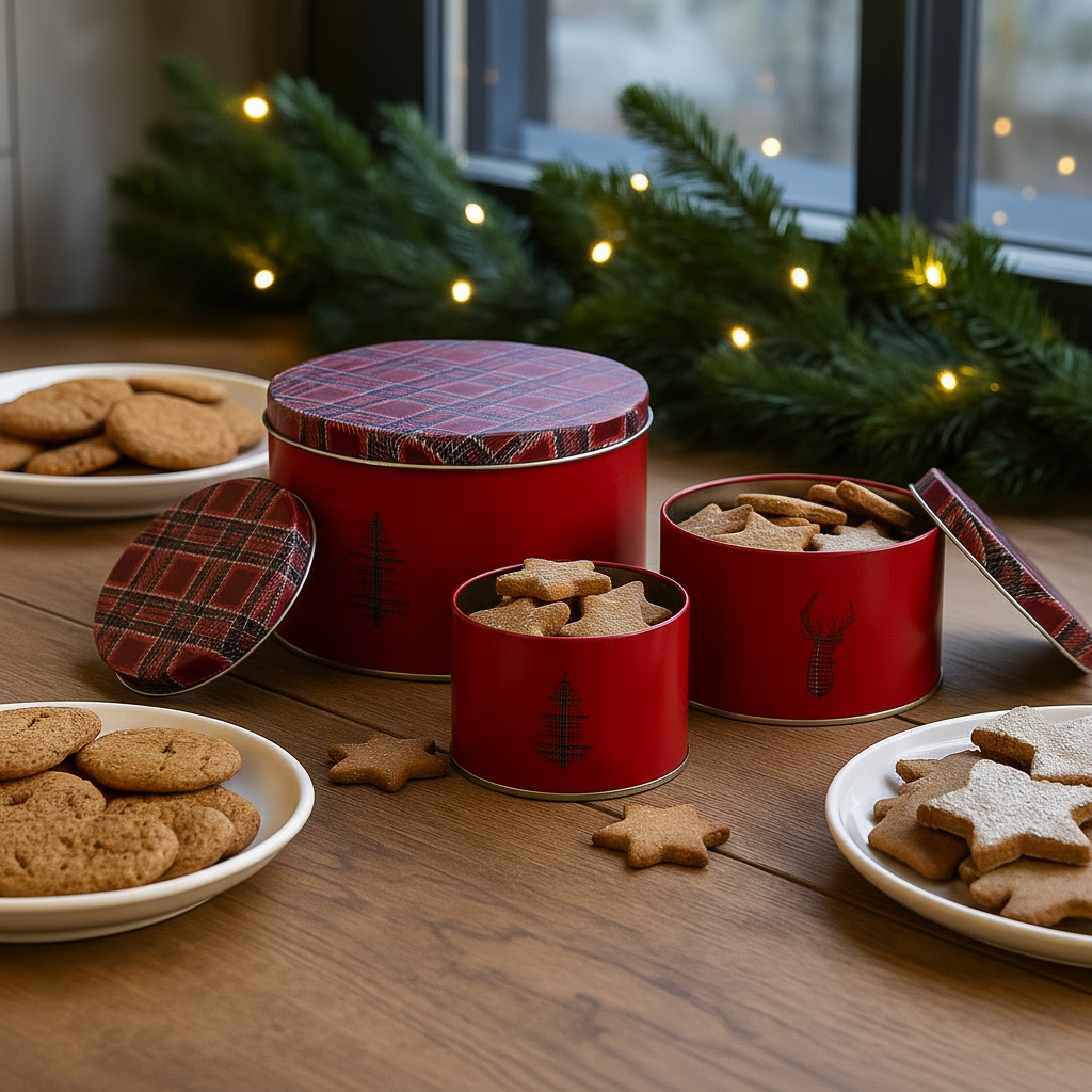 Oppbevaringsbokser i rødt metall med rutemønster, sett á 3 størrelser – ideelle til småkaker og konfekt.