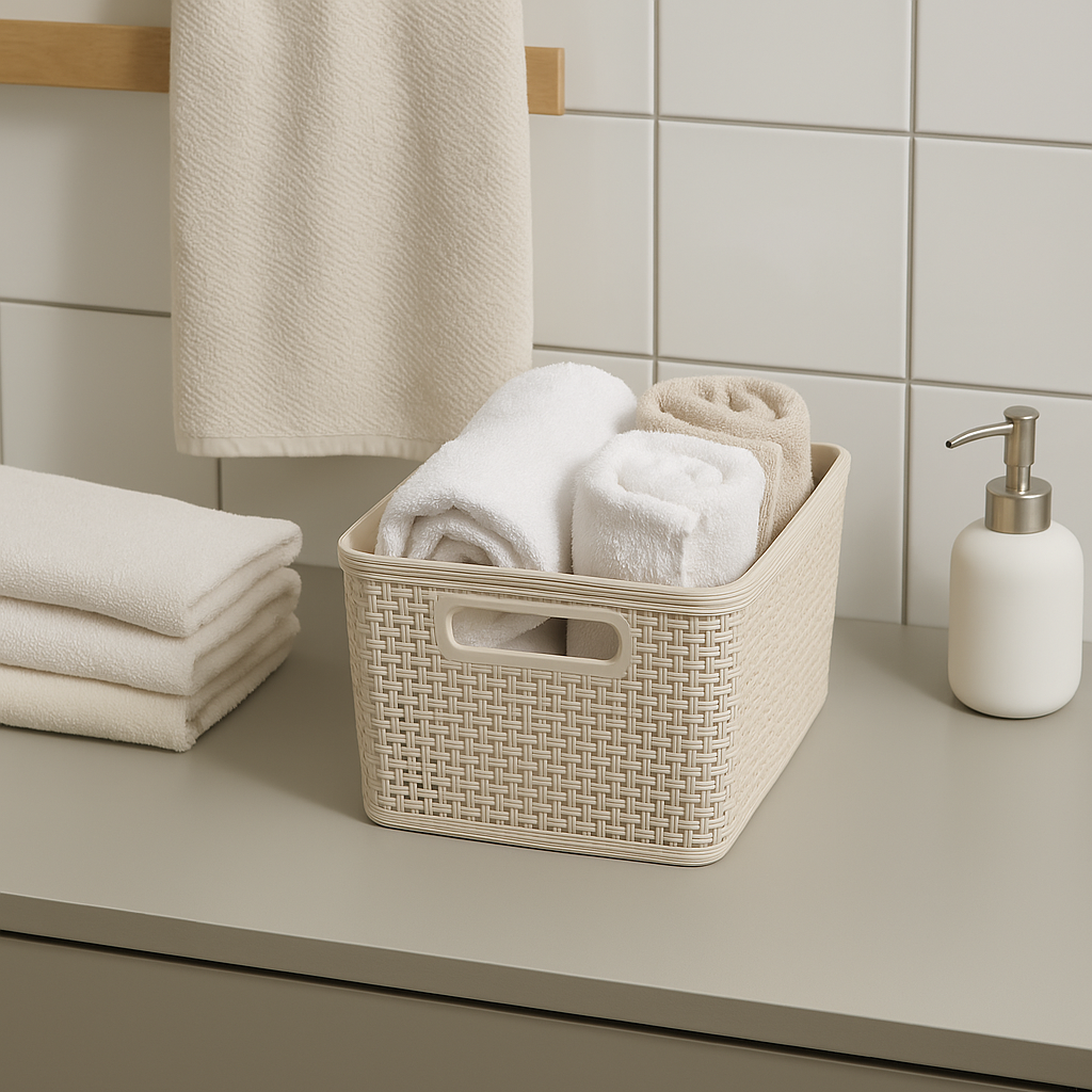 Praktiske oppbevaringsbokser i vevd design, 25x19x10 cm, i moderne beige fargetone.