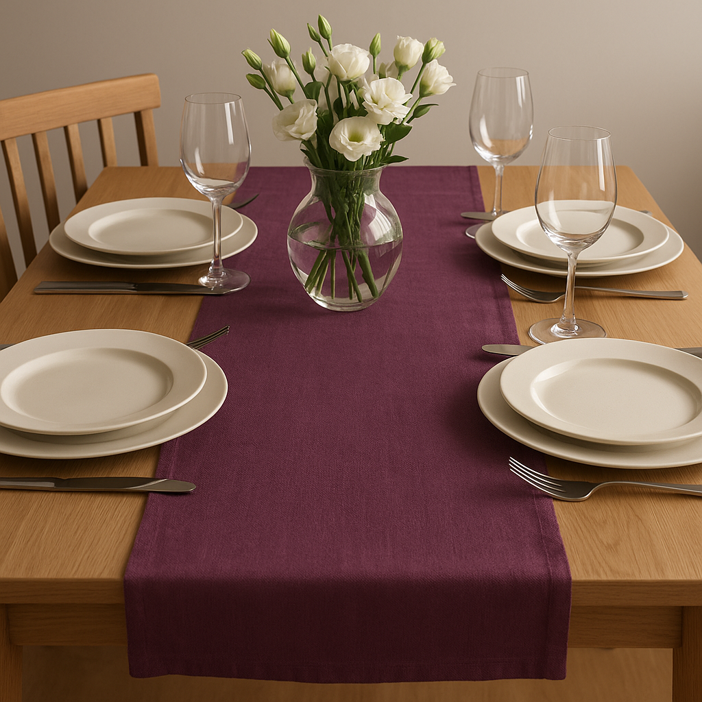 Dekket spisebord med lilla bordløper og enkle tallerkener og glass.