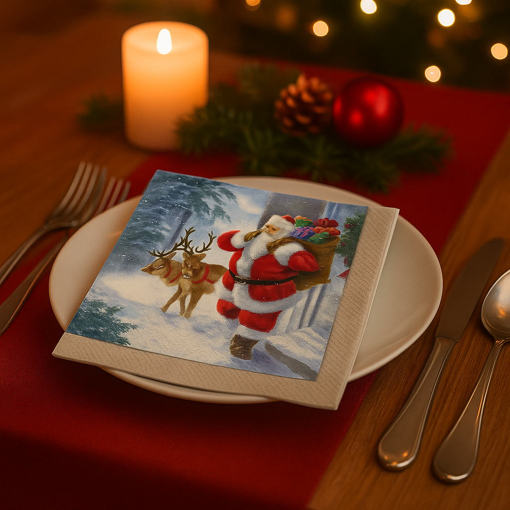 Juleserviett med motiv av julenissen og reinsdyr, liggende på hvit bakgrunn