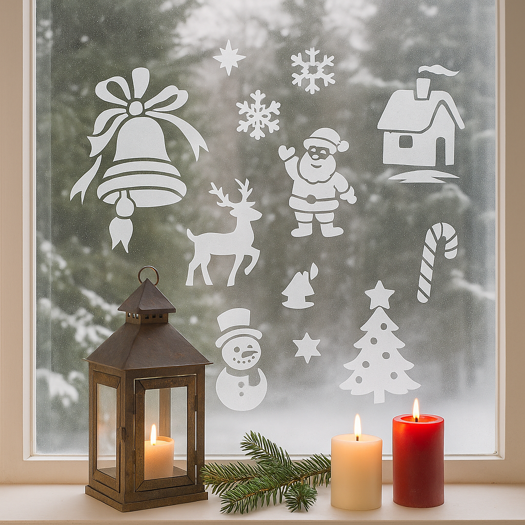 Et sett med 18 ulike julesjablonger i bruk på et vindu, med motiver som snøfnugg, reinsdyr, juletre og julenisse – skaper en koselig og kreativ juledekorasjon innendørs.