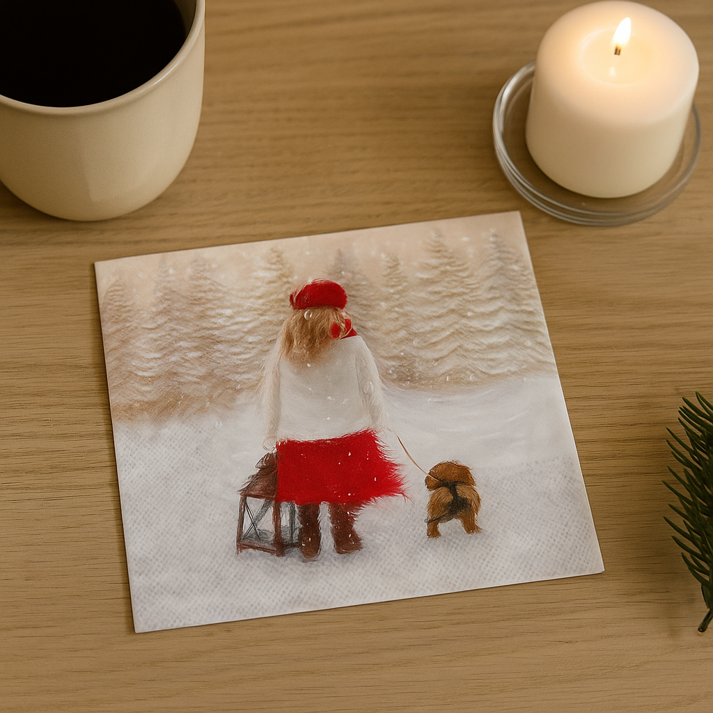 Serviett Winter Walk – hvit lunsjserviett med motiv av jente og hund i snølandskap, plassert på lyst kjøkkenbord med kaffekopp og tente lys.
