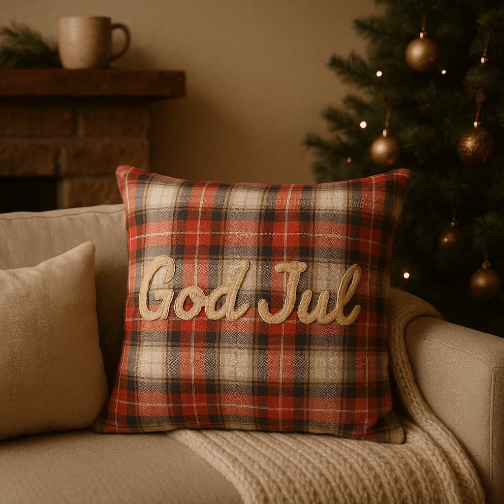 Pudetræk i rødt rutemønster med teksten God Jul, placeret i en beige sofa med et juletræ i baggrunden – klassisk julepynt til stuen