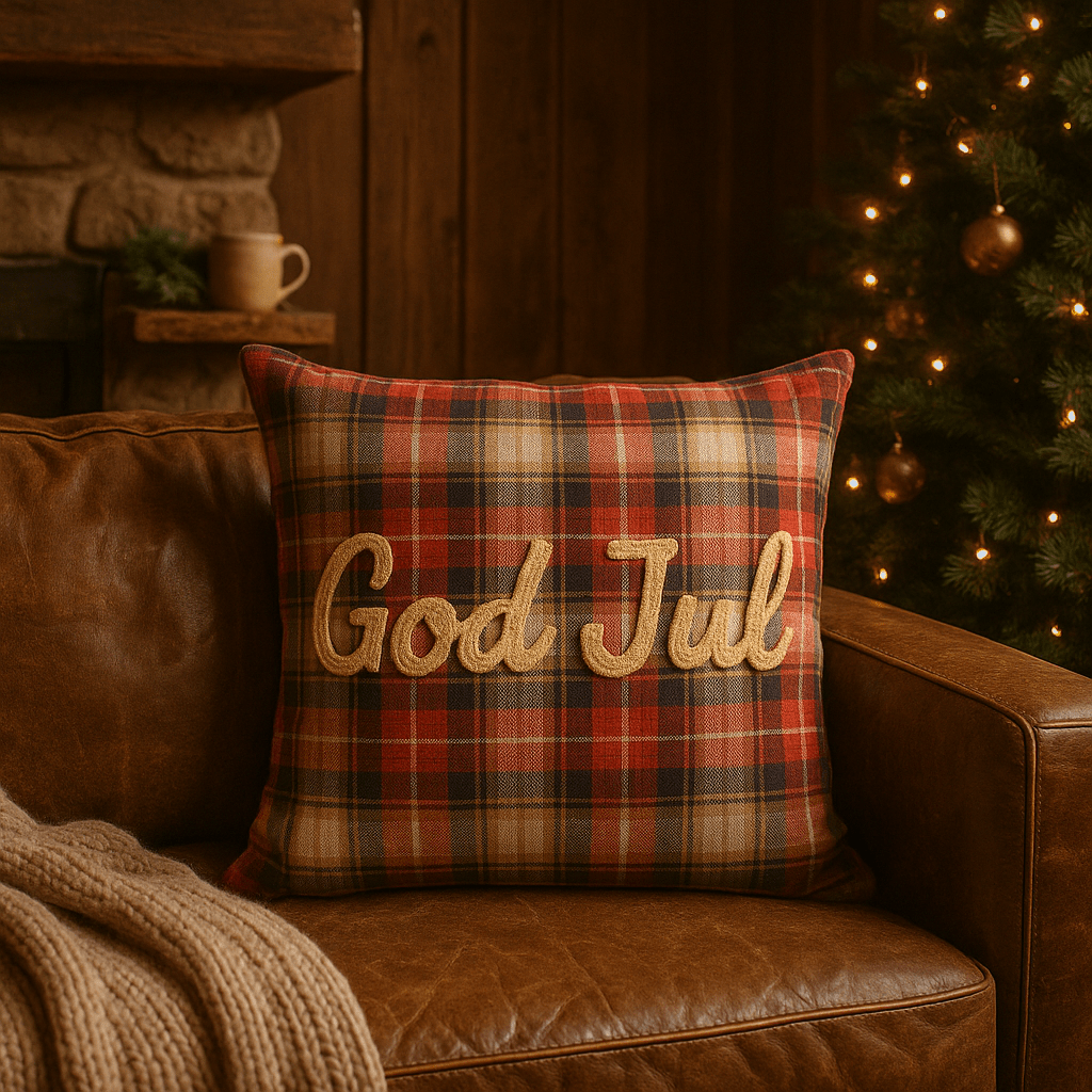 Rødt pyntede julepuder med teksten 'God Jul' på sofaen, med et pyntet bord, tændte lys og et juletre i baggrunden.
