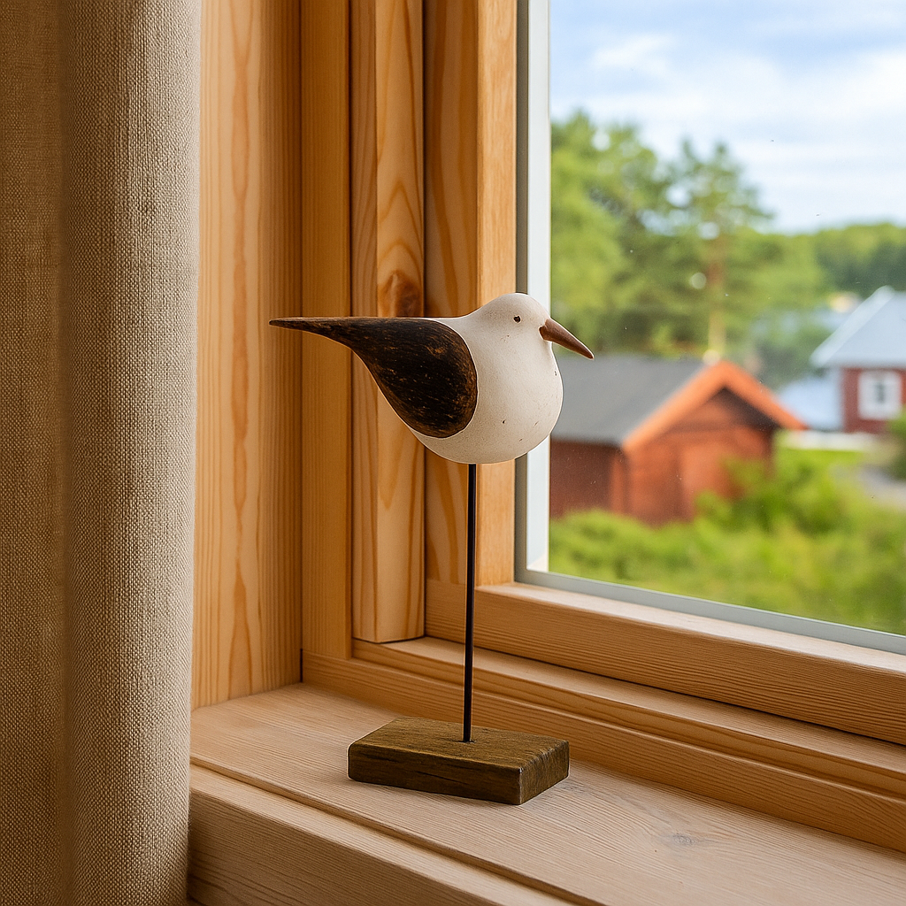 Rustikk måkefigur i tre – håndlaget dekorasjonsfigur på trefot, perfekt som interiørdetalj til hytte eller stue.
