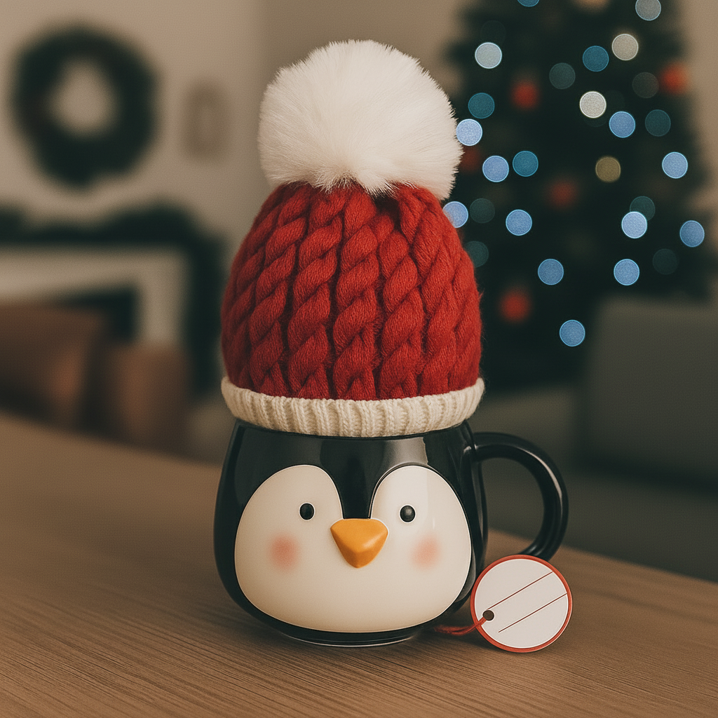 Sort pingvinkopp med rød lue og hvit dusk, gaveetikett på hanken, foran opplyst juletre og juledekor.