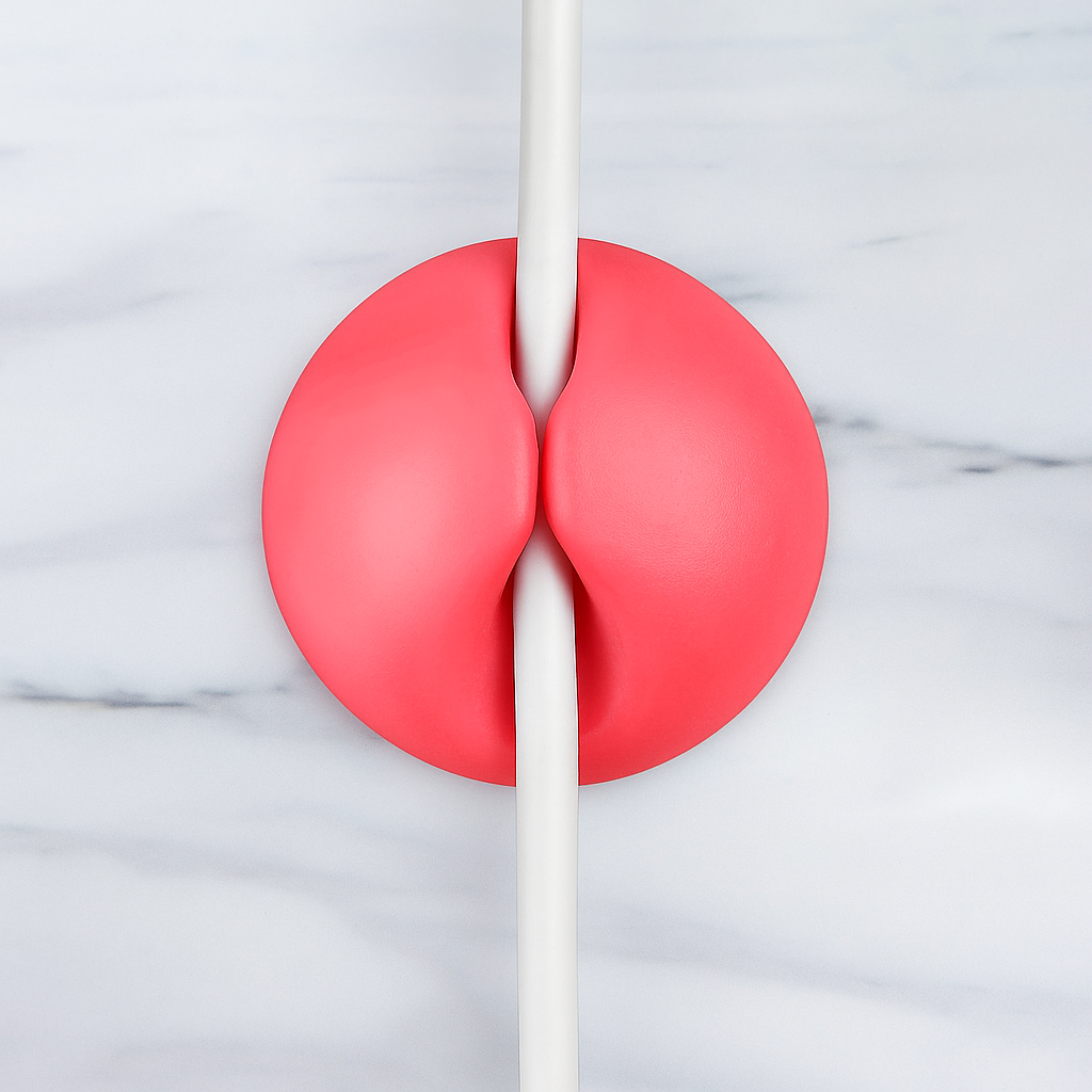 En rund kabelholder i silikon som klemmer rundt en hvit ledning på en marmoroverflate.