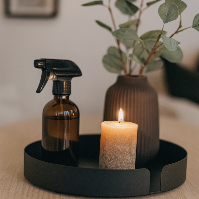 Dekorativt sort snurrebrett i metall med sprayflaske, tente lys og vase – perfekt for stilren og funksjonell oppbevaring på kjøkken eller stue.