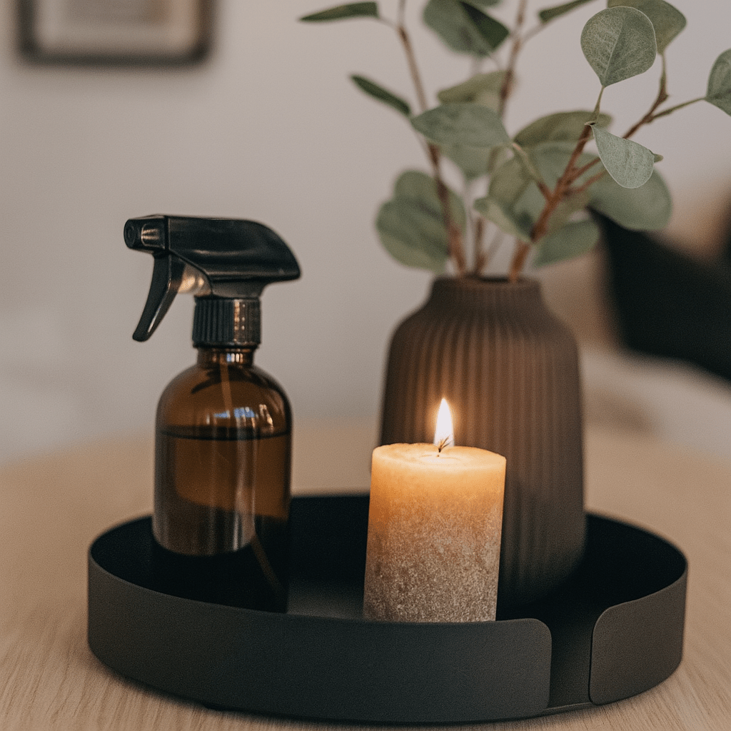 Dekorativt sort snurrebrett i metall med sprayflaske, tente lys og vase – perfekt for stilren og funksjonell oppbevaring på kjøkken eller stue.