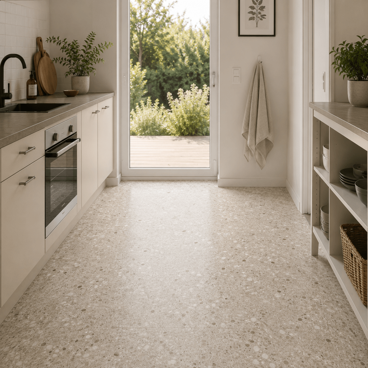 Lyst kjøkken med Sahara beige selvklebende terrazzo-fliser på gulvet. - Lindas dekor