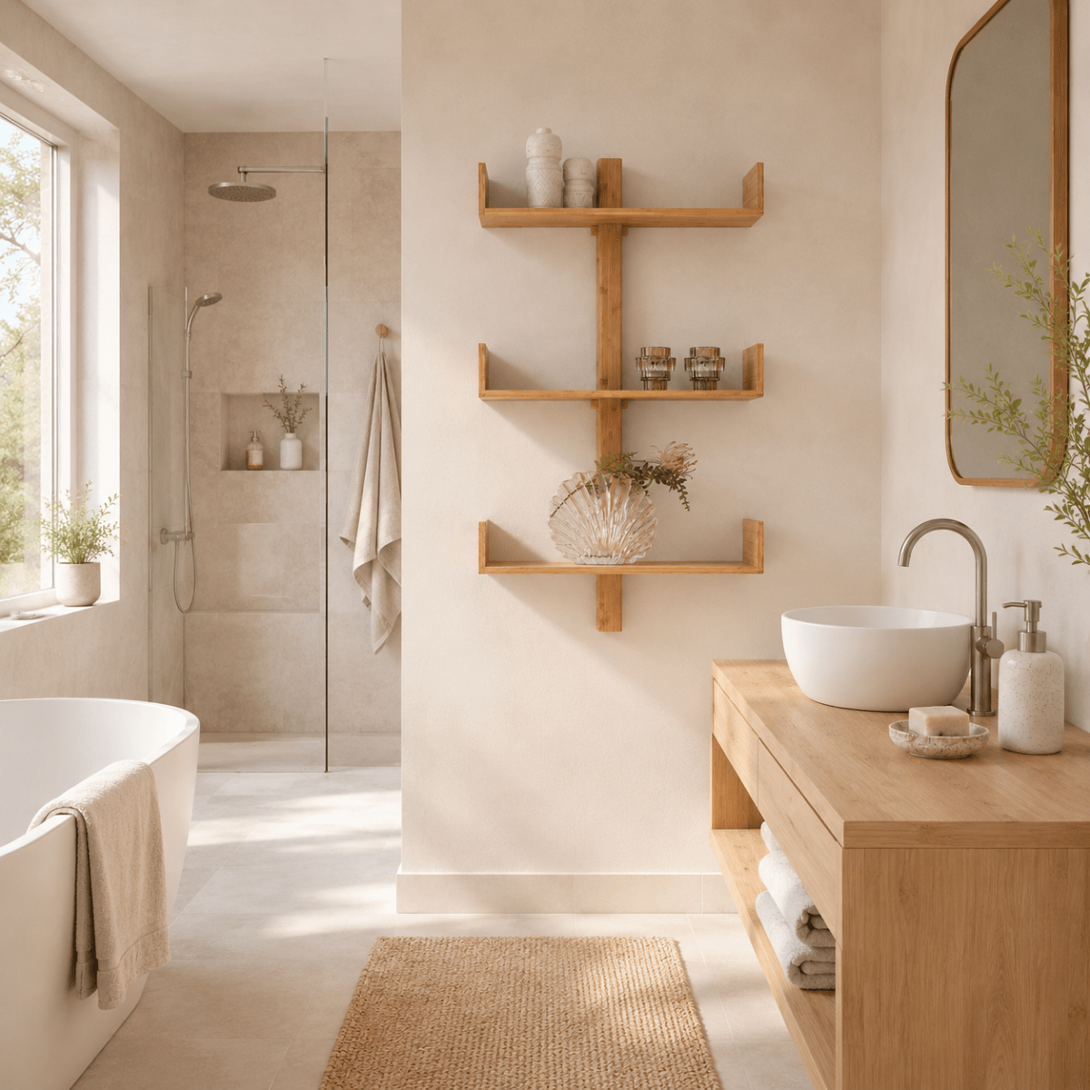 Villa vegghylle i bambus montert på lyst bad med badekar, dusj og nordisk interiør i naturtoner.